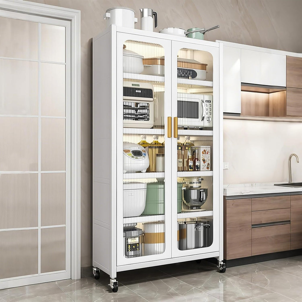 65" Tall Freestanding Kitchen Pantry Cabinet, 6-Tier Metal Food Pantry Storage Cabinet with Transparent Door, Adjustable Shelves and Rolling Wheels,Display Cabinet for Kitchen, Living Room,White