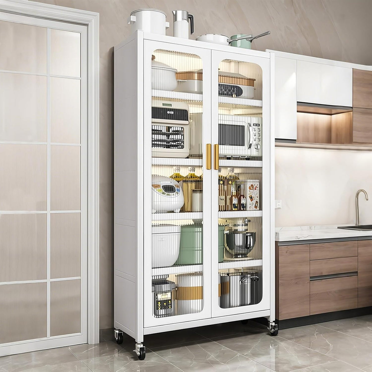 65" Tall Freestanding Kitchen Pantry Cabinet, 6-Tier Metal Food Pantry Storage Cabinet with Transparent Door, Adjustable Shelves and Rolling Wheels,Display Cabinet for Kitchen, Living Room,White
