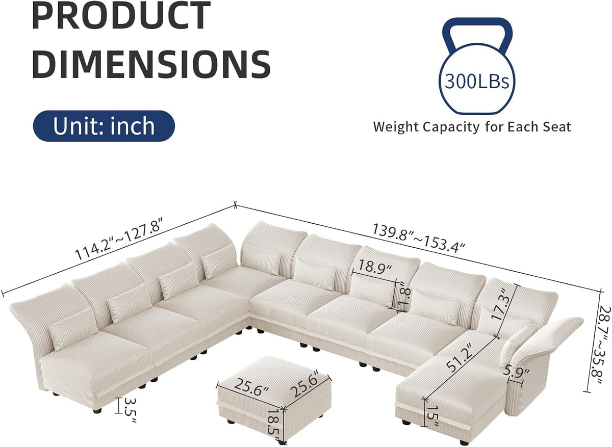 LLappuil 10 Seater Sectional Sofa with Storage, Large U Shaped Modular Sectional Couches for Living Room with Adjustable Arms Backs, Plush Supportive Cushions, 10 Seater, Beige Corduroy | Tool Free Assembly