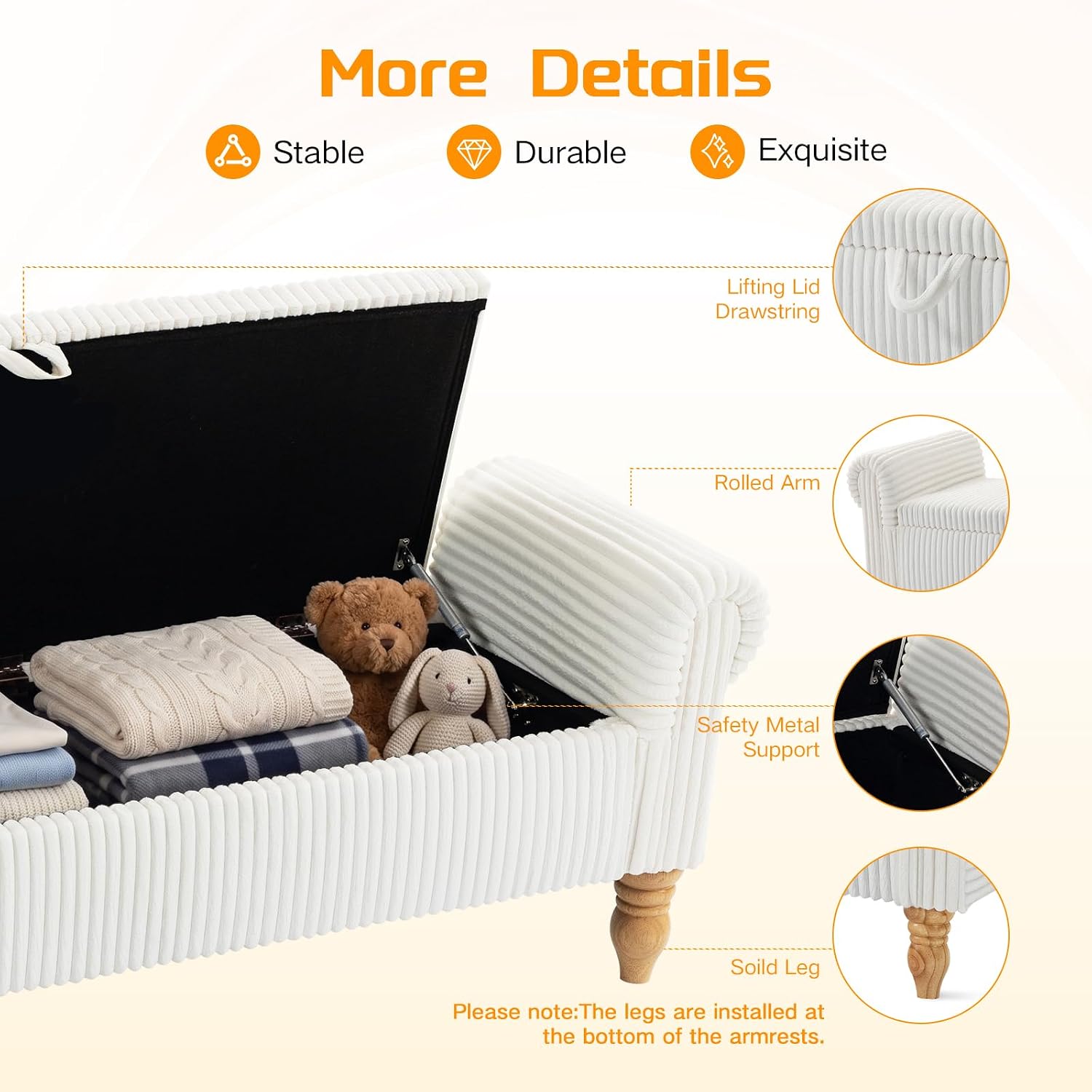 55" Storage Ottoman Bench, Corduroy End of Bed Bench for Bedroom, White | Upholstered Entryway Bench with Seating, Solid Wood Legs, Rolled Arm, for Bedroom Living Room Window Hallway, up to 285 lbs