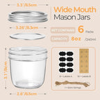 ComSaf Wide Mouth 8 oz Mason Jars with Lids, 6 Pcs Small Mason Containers, Canning Jars, 8oz Glass Jar with Lid, Canning Jars for Jams, Jelly, Sauces, Desserts, chia pudding, Pickle, Gift
