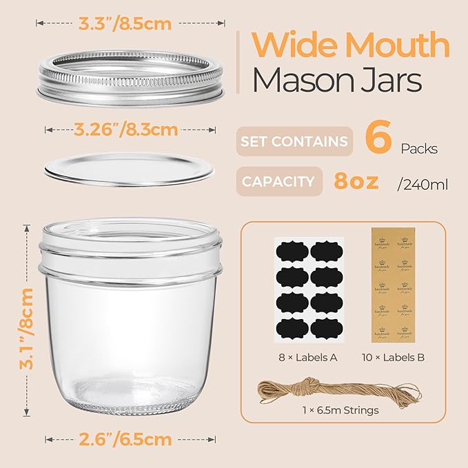 ComSaf Wide Mouth 8 oz Mason Jars with Lids, 6 Pcs Small Mason Containers, Canning Jars, 8oz Glass Jar with Lid, Canning Jars for Jams, Jelly, Sauces, Desserts, chia pudding, Pickle, Gift