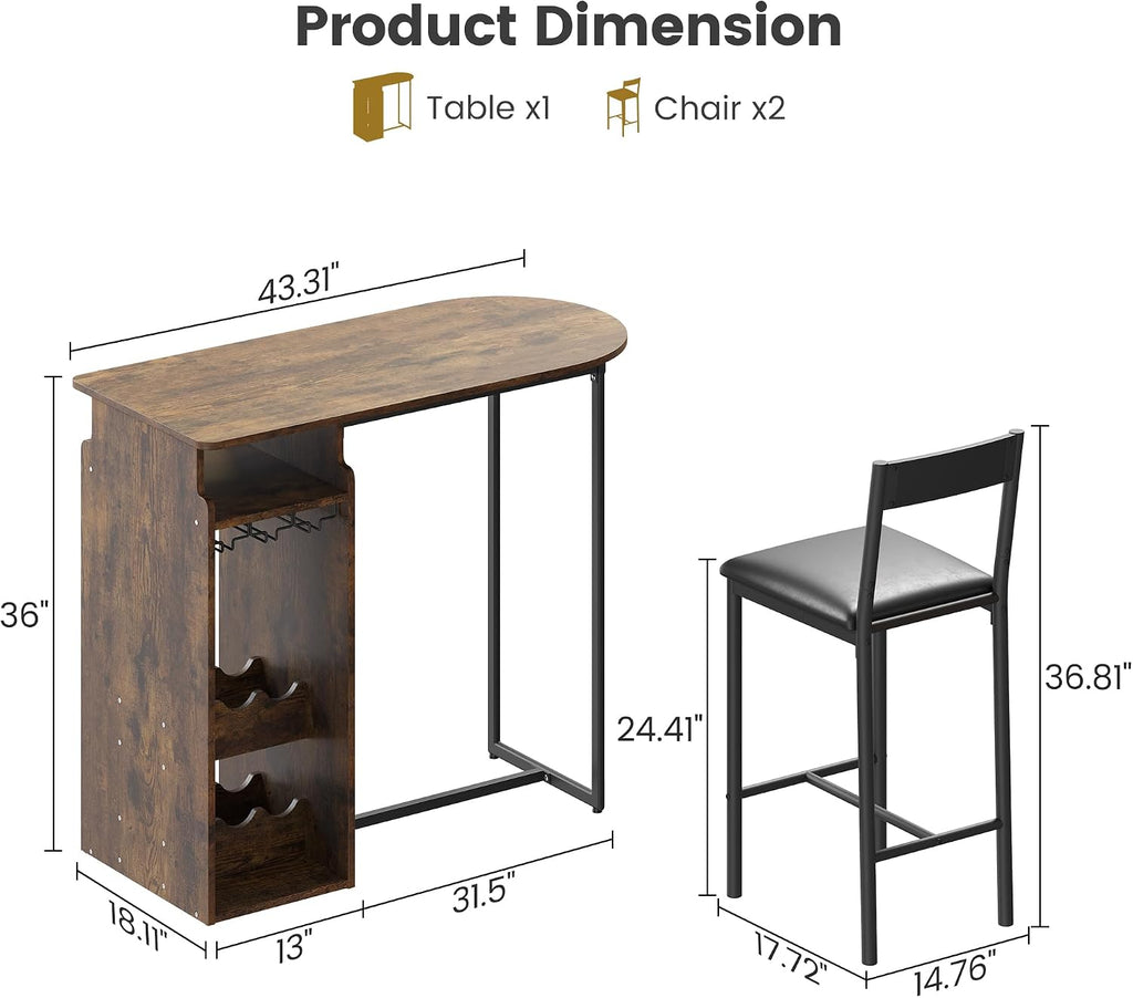 Retro Bar Table Set with 2 Chairs, Semi-Circle Kitchen Counter Dining Set | Wood-look tabletop, cozy seating, space-saving design for home bars, kitchens, apartments, and breakfast corners