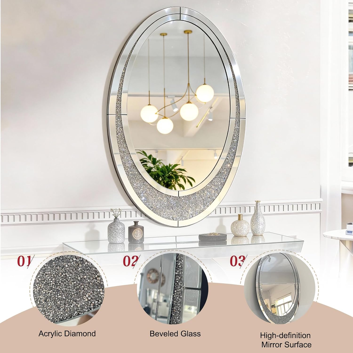 2 Piece Mirrored Console Table & Oval Wall Mirror Set, 39.5" Silver Entryway Sofa Table with Crystal-Inlaid Olive-Shape Base and Crush Diamond Round Wall Mirror Set for Entryway Hallway Entrance