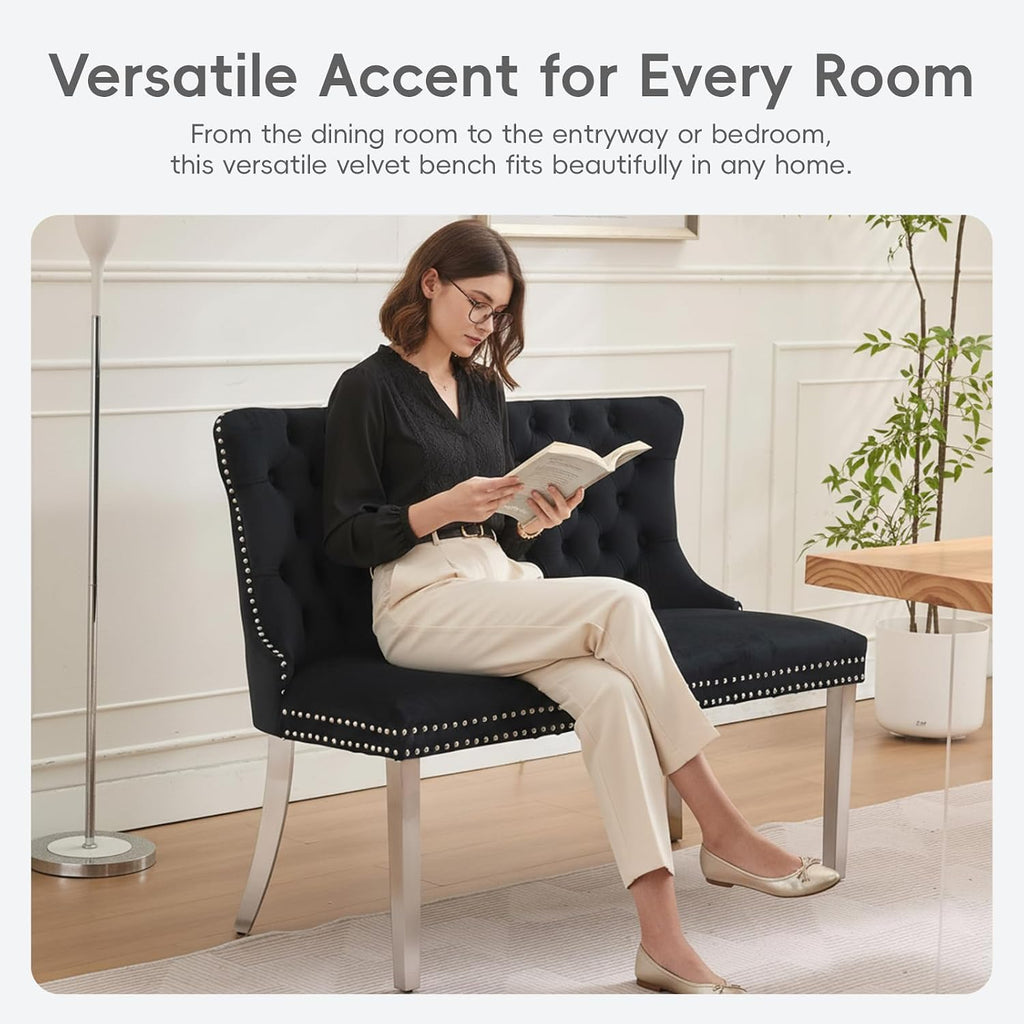 Black Velvet Dining Bench, Tufted Upholstered Dining Loveseat | Wing Back Seating with Silver Stainless Steel Legs, Modern Dining Room Furniture