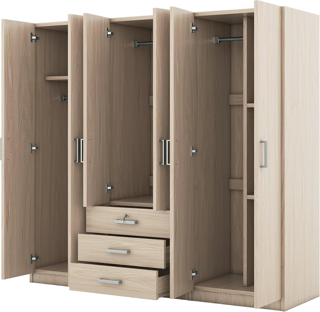 Merax Large 6 Doors Wooden Wardrobe, Bedroom Tall Armoire Closet Organizer with Big Drawers, Hanging Rails and Shelves, Clothes Storage Cabinet for Garage & Laundry Room, Natural