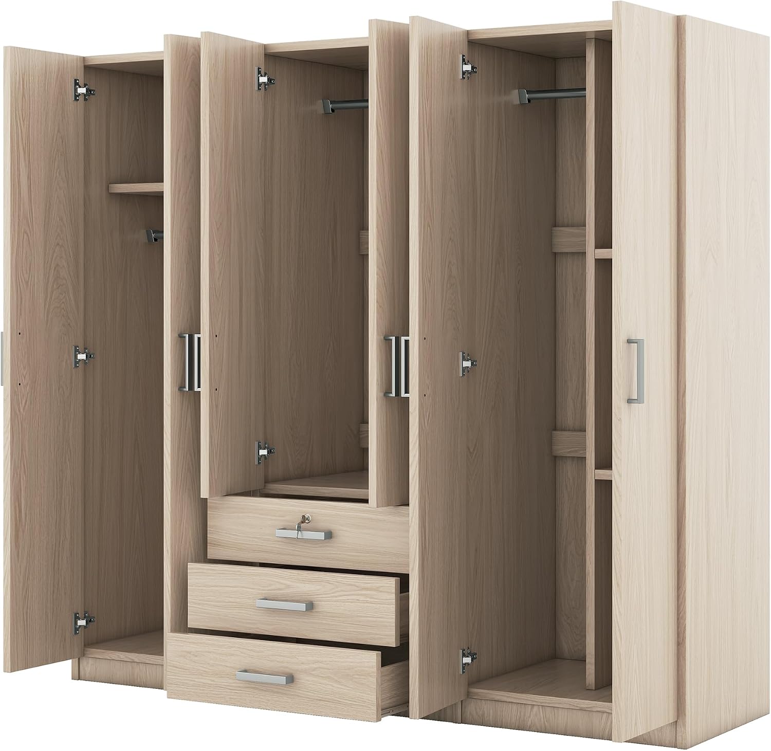 Merax Large 6 Doors Wooden Wardrobe, Bedroom Tall Armoire Closet Organizer with Big Drawers, Hanging Rails and Shelves, Clothes Storage Cabinet for Garage & Laundry Room, Natural