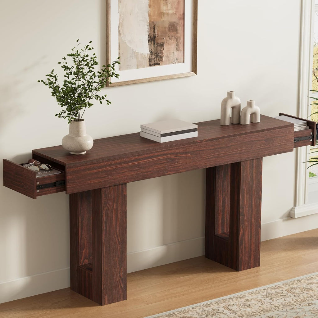 Airynee 63 Inches Long Console Table for Entryway with Drawers, Wooden Sofa Table Behind Couch, Industrial Entry Table for Living Room, Foyer, Hallway, Walnut