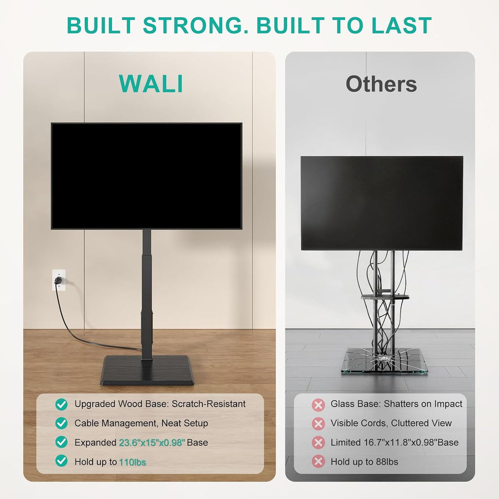 WALI Floor TV Stand with Power Outlet, Tall TV Stand Mount for 32-75 inch TV up to 110 lbs, Swivel and Height Adjustable TV Stands with Wood Base for Bedroom, Living Room(TVDVD-7P), Black