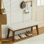 WUTUTUEE 43.5'' Linen Bedroom Bench, Upholstered End of Bed Bench with Tufted Button, Padded Vintage Dining Bench, Entryway Bench with Solid Wood Legs, Kitchen, Living Room, Hallway, Beige Tufted