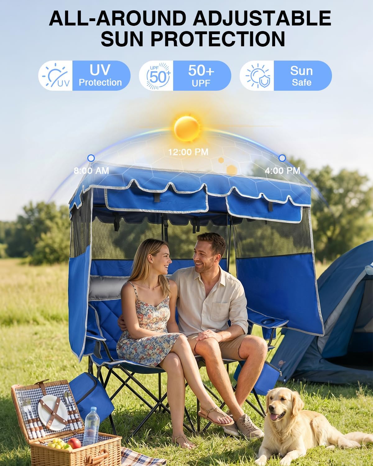 HOPERAN Double Camping Chair with Canopy, Heavy Duty 660lbs Double Beach Chair with Umbrella, Cooler & Cup Holder, Oversized Folding loveseat with Shade for Outside Sports, Beach, Lawn, Fishing