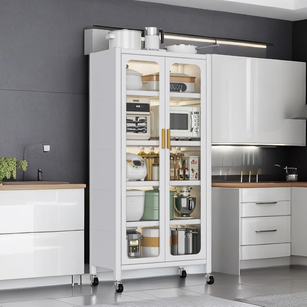 6 Tier 63" Kitchen Appliance Storage,Appliance Cabinet,Bakers Rack with Doors with Transparent Flap Door Design Kitchen Storage Shelves,Microwave Stand for Dining Room White