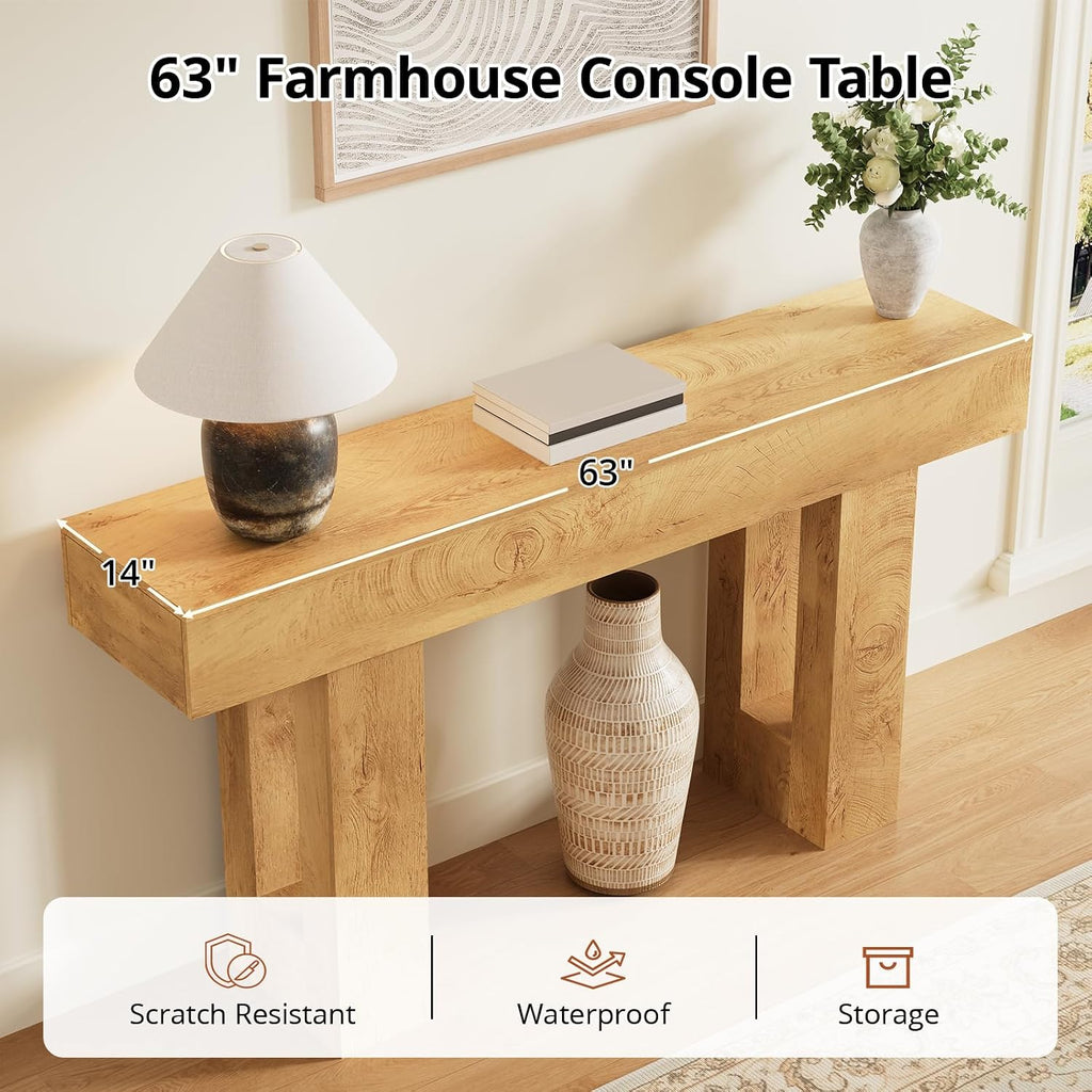 Airynee 63 Inches Long Console Table for Entryway with Drawers, Wooden Sofa Table Behind Couch, Industrial Entry Table for Living Room, Foyer, Hallway, Natural Oak