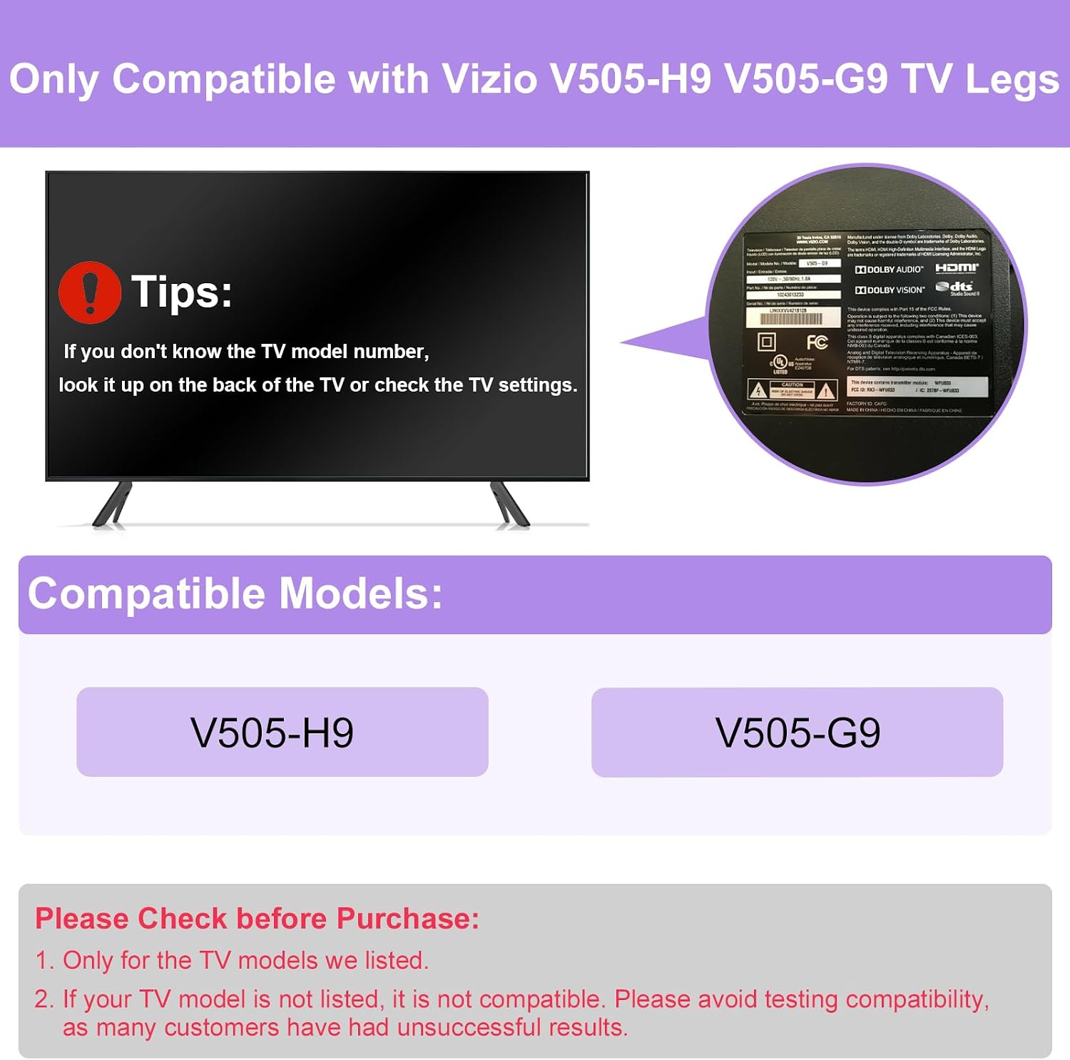 TV Stand Legs Only for Vizio TV Stand V505-H9 V505-G9, Not for Other TV Models, for Vizio 4K Ultra HD (2160P) HDR Smart LED TV Legs with Screws Set & Instructions