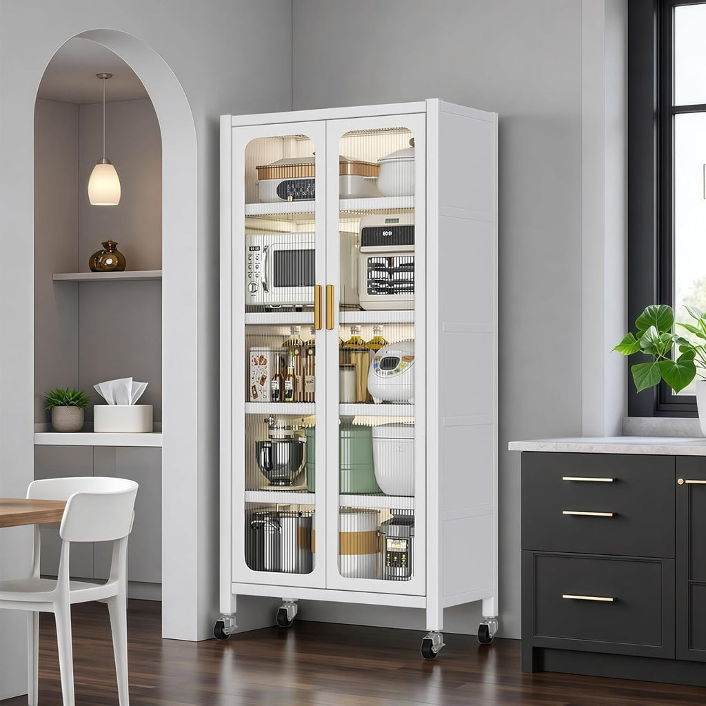 65" Kitchen Pantry Storage Cabinet 6 Tier Metal Display Storage Cabinet With Transparent Door Adjustable Shelves & Wheels Versatile Storage Food Upright Cabinets For Kitchen Dining Room White