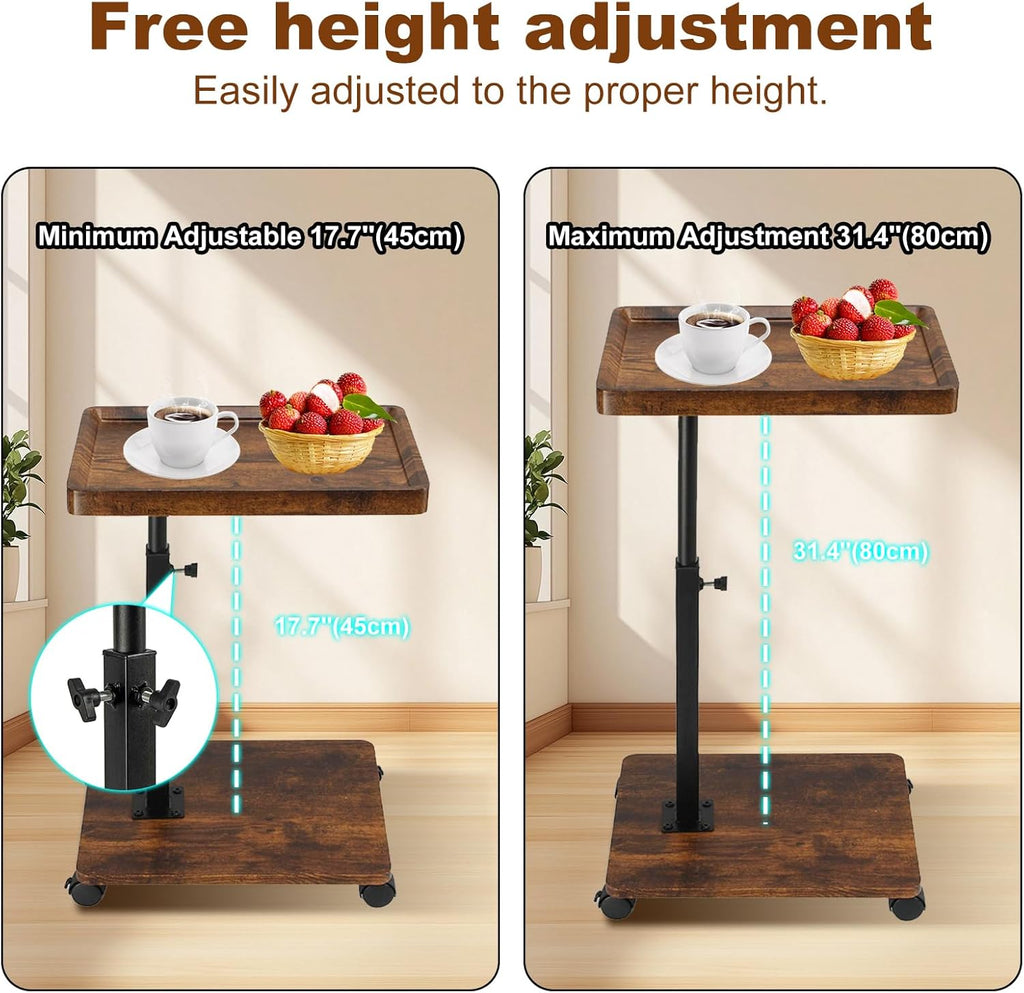 Side Table TV Tray for Couch,Height Adjustable C Shaped End Table for Small Spaces,Bedside Bathroom Living Room (Vintage Brown)