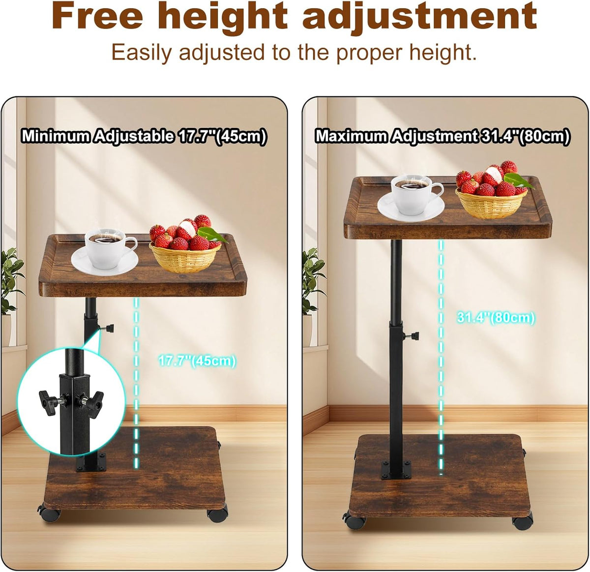 Side Table TV Tray for Couch,Height Adjustable C Shaped End Table for Small Spaces,Bedside Bathroom Living Room (Vintage Brown)