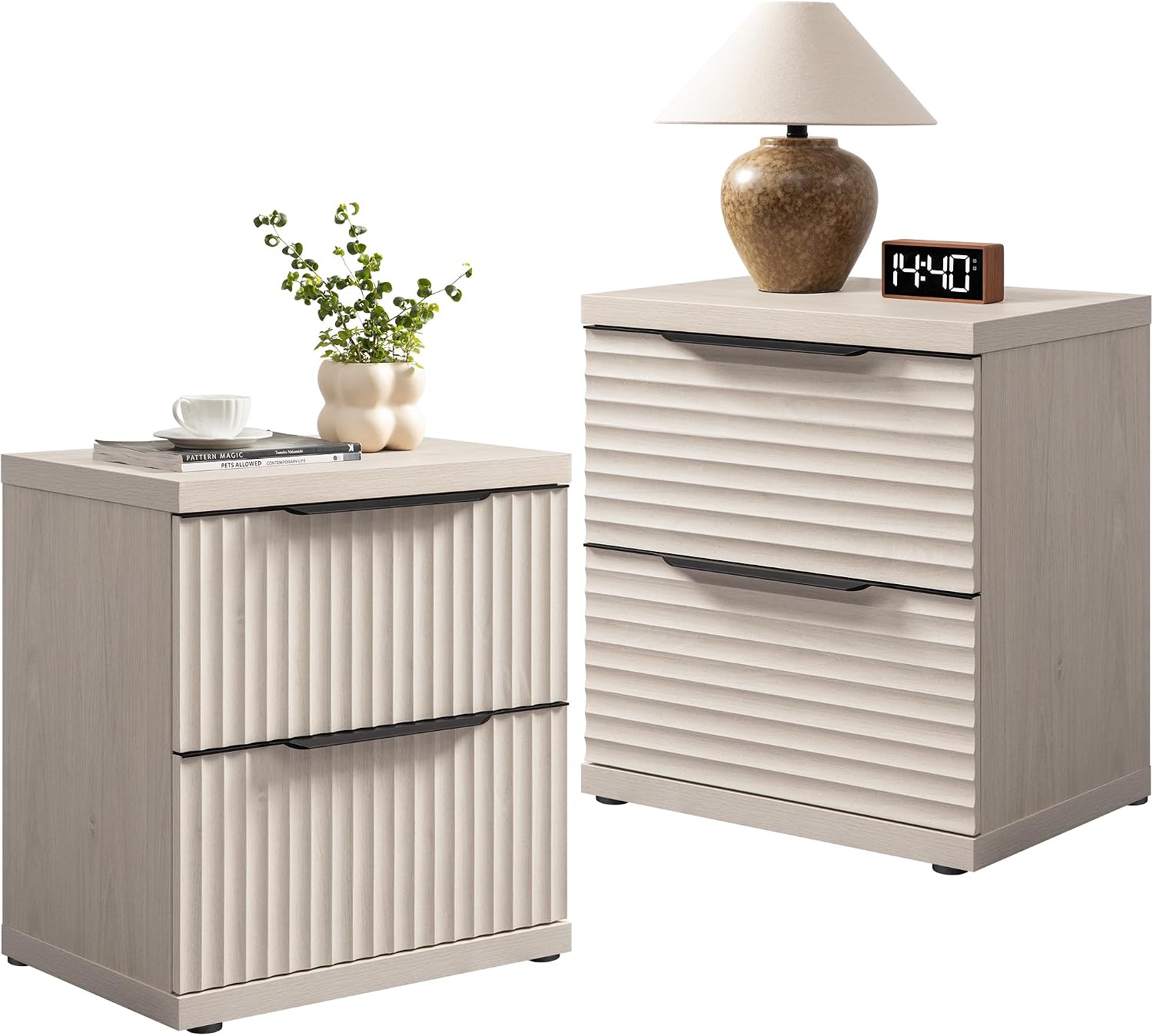 SICOTAS 22" Nightstands Set of 2 Fluted Night Stand with 2 Drawers | Modern Wide Bedside Table for Bedroom, Mid Century Bed Side Tables Bedroom, White Alder