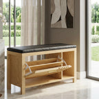 UNIQUITE Shoe Storage Bench with Flip Drawers, Padded Seat Cushion, 39.4" W x 12.6" D x 21.85" H, Entryway Cabinet with Slatted Doors for Hallway Living Room, Natural