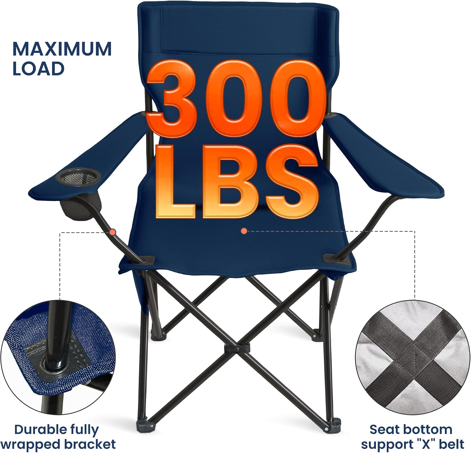 Portable Camping Chair 2 Pack, Folding Outdoor Chair with Cup Holder & Side Pocket for Camping, Hiking, Picnic, Beach (Navy Blue, 2 Pack)