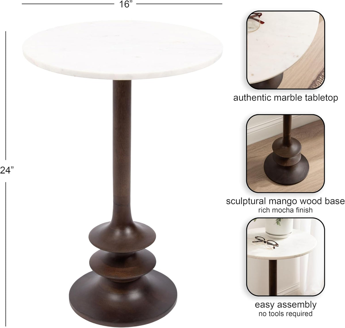 Kate and Laurel Squires Modern Marble Round Side Table, 16 x 16 x 24, White Marble and Dark Brown, Marble Top Circle End Table for Use as a Bedroom Nightstand or Living Room Plant Stand Option