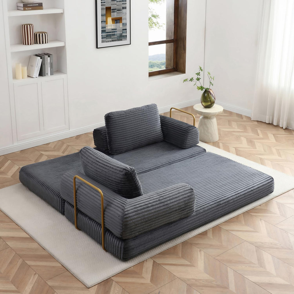 Convertible Folding Sofa Bed, Modern Futon Sleeper Sofa Fold Out Couch Bed with Gold Fixed Frame, Modular Floor Sofas Comfy Corduroy Couches for Living Room (80" Grey)