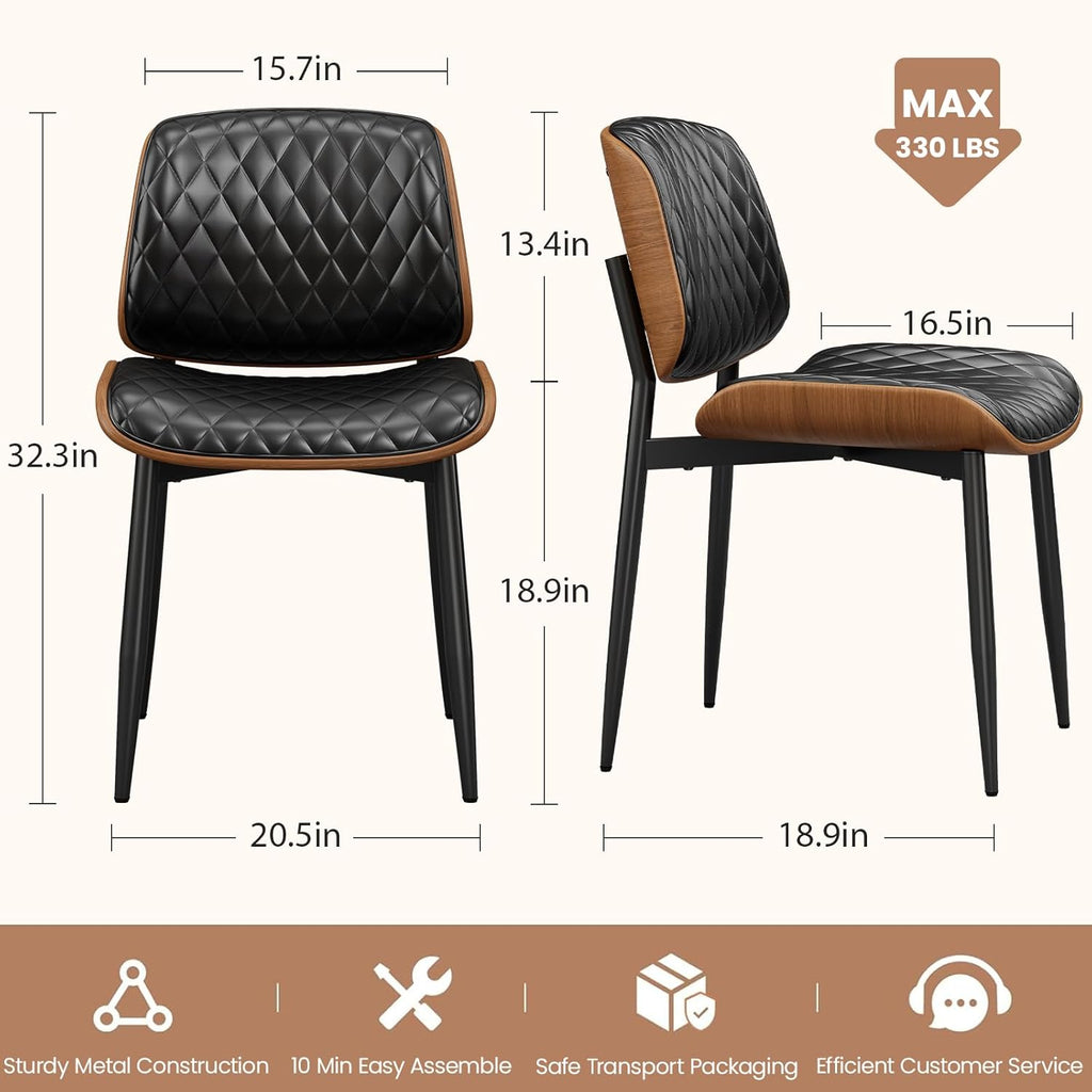 REONEY Dining Chairs Set of 4, Mid-Century Modern Upholstered PU Leather Chairs with Walnut Back and Metal Legs Adjustable Feet for Kitchen Dining Room, Black Diamond Plaid