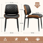 REONEY Dining Chairs Set of 4, Mid-Century Modern Upholstered PU Leather Chairs with Walnut Back and Metal Legs Adjustable Feet for Kitchen Dining Room, Black Diamond Plaid