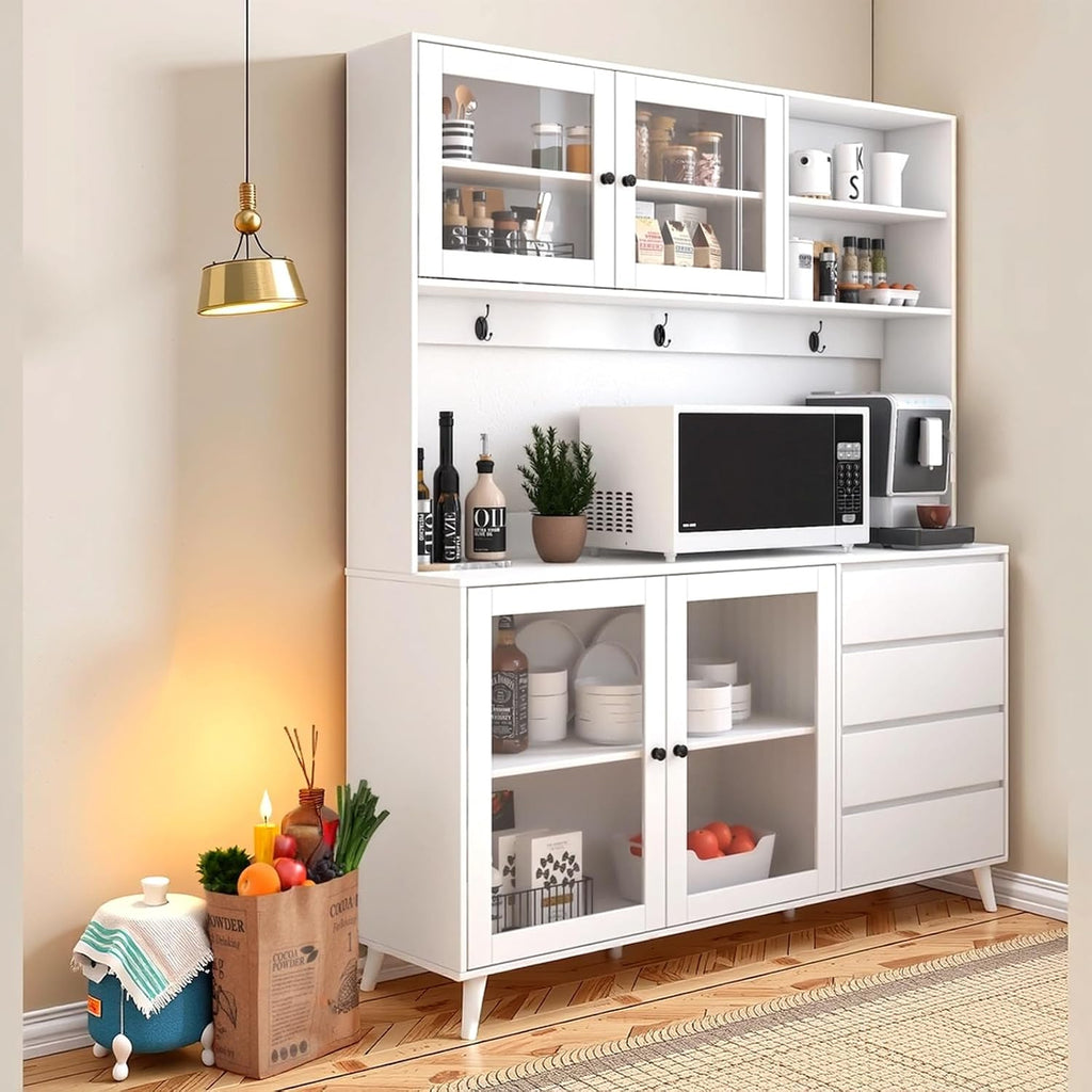 63'' Farmhouse Kitchen Pantry Cabinet, Tall Kitchen Storage Cabinet Home Storage with Microwave Stand, Freestanding Kitchen Hutch Cabinet with Storage 4 Doors, 4 Drawers - muebles para cocina (White)