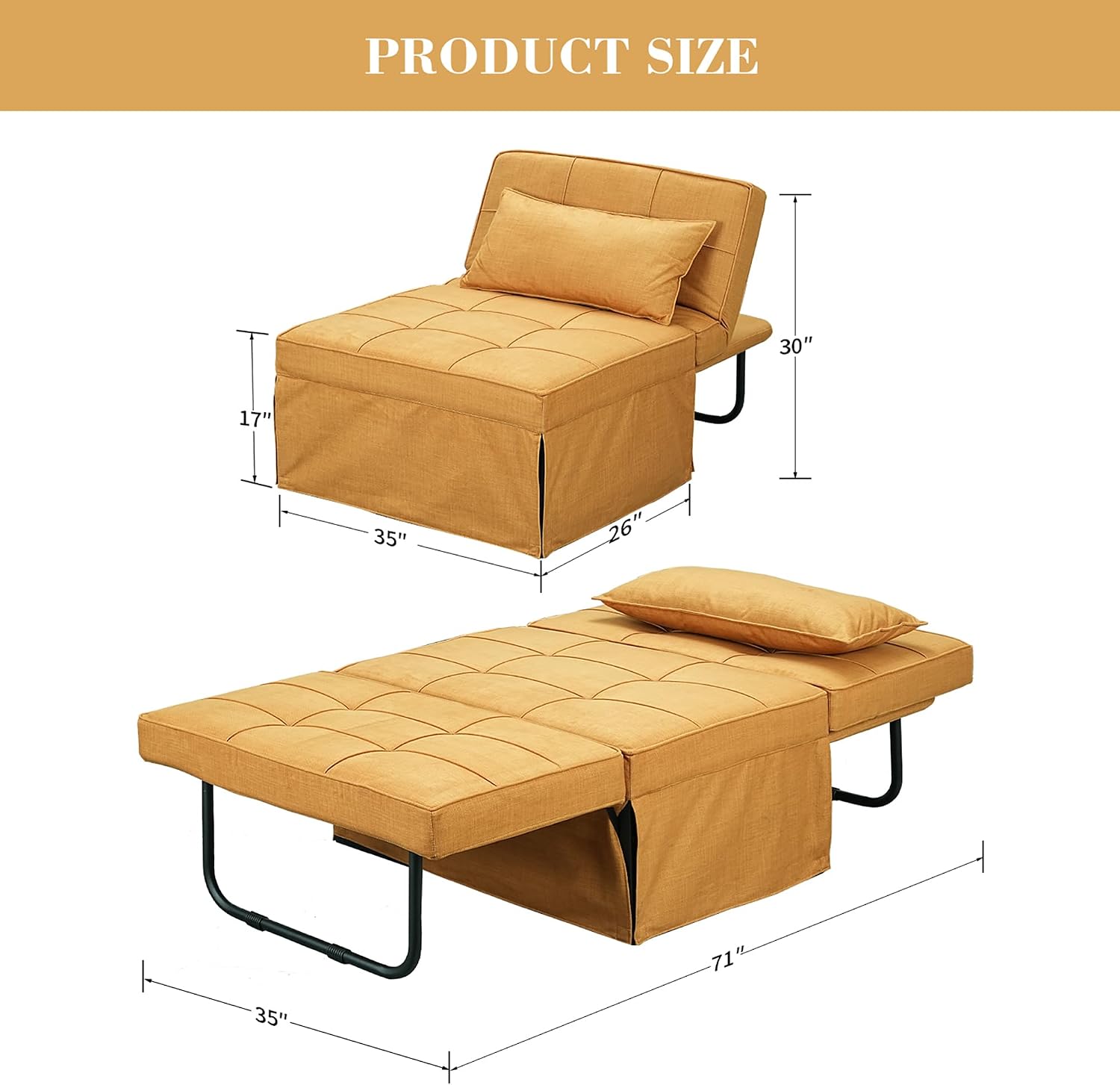 Yellow Sofa Bed, Convertible Chair 4 in 1 Multi-Function Modern Folding Ottoman Guest Bed with Adjustable Sleeper for Small Room Apartment