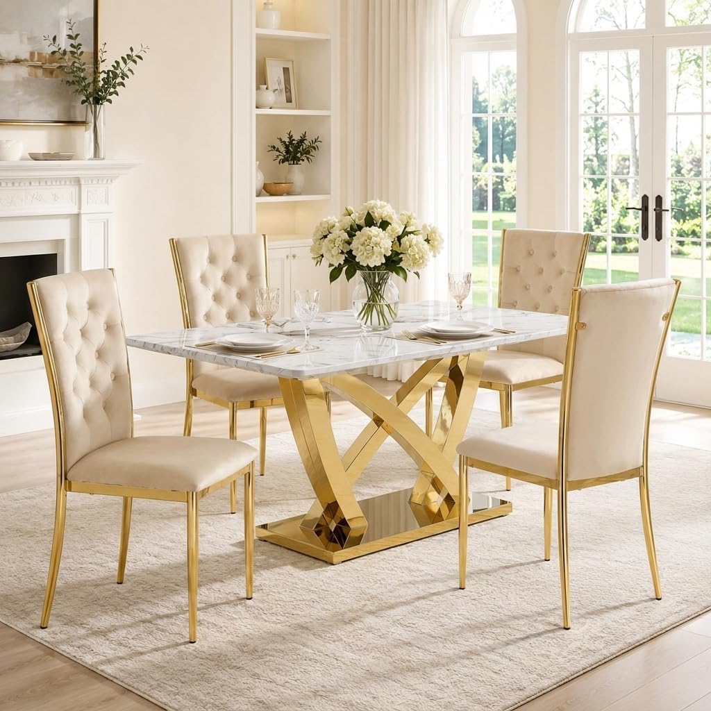 Velvet Dining Chairs Set of 4, Modern Kitchen Chair with Gold Metal Legs, Luxury Upholstered Tufted Dining Room Chairs for Home, Apartment, Living Room - Beige