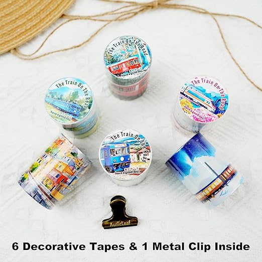 Train Scenery Washi Tape Set – 6 Rolls Travel & Nature Inspired with Clip for Scrapbook Journals DIY Crafts Decoration 1.97"x78.7" 39.37in per Loop