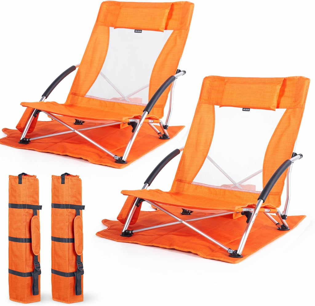 Huskfirm Low Beach Chairs 2 Pack, Aluminum Folding Beach Chair for Adults, Lightweight Backpack Beach Chairs with Cup Holder & Carry Bag, Heavy Duty Beach Chair Set for Beach, Camping, Concert, Orange