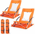 Huskfirm Low Beach Chairs 2 Pack, Aluminum Folding Beach Chair for Adults, Lightweight Backpack Beach Chairs with Cup Holder & Carry Bag, Heavy Duty Beach Chair Set for Beach, Camping, Concert, Orange