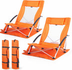 Huskfirm Low Beach Chairs 2 Pack, Aluminum Folding Beach Chair for Adults, Lightweight Backpack Beach Chairs with Cup Holder & Carry Bag, Heavy Duty Beach Chair Set for Beach, Camping, Concert, Orange