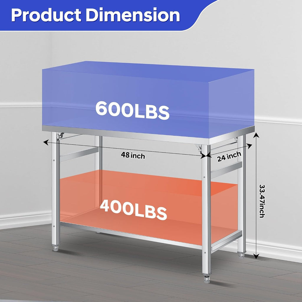 48" x 24" Stainless Steel Folding Table - 920 LBS Commercial Foldable Prep Table, Metal Worktable with Adjustable Undershelf and Feet, for Home Kitchen Restaurant Garage Warehouse, Heavy Duty