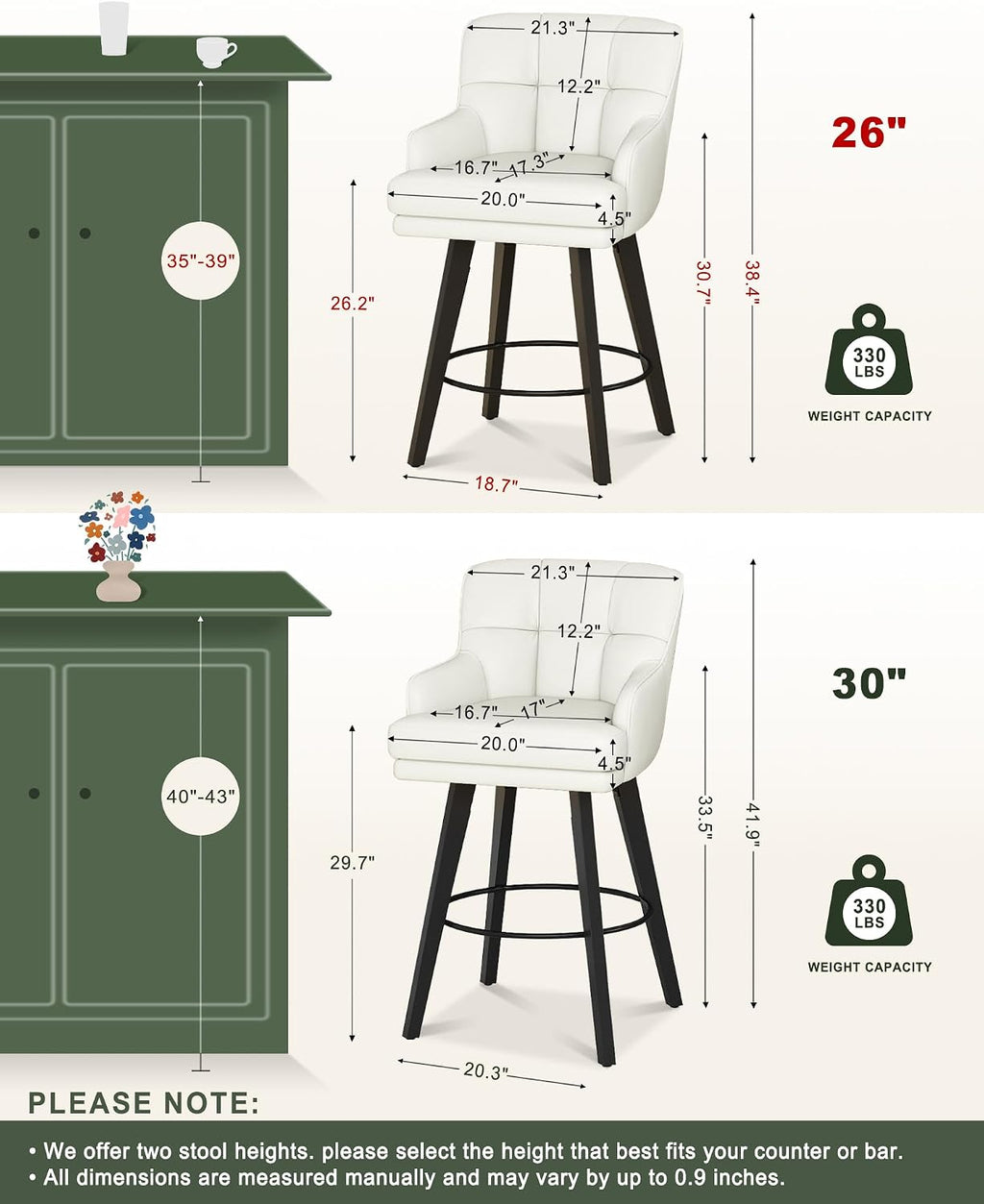 SAECKBERG 360°Swivel Counter Height Bar Stools with Back, 26 inch Solid Wood Legs, Bar Stool Modern Kitchen Island Chairs, Faux Leather (Beige- Faux Leather, 26" H- Set of 2)