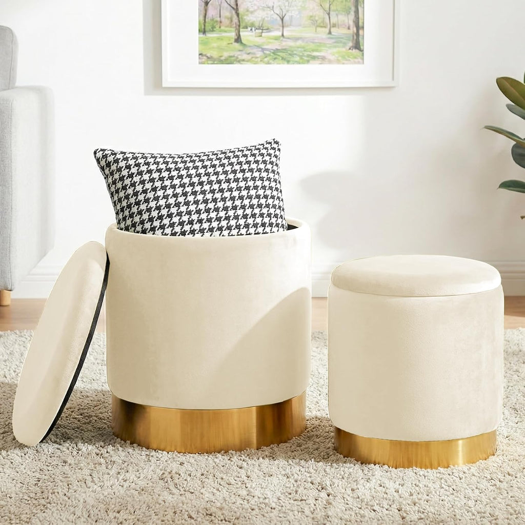 Round Ottoman with Storage Set of 2, Vanity Foot Stool with Storage, Nesting Upholstered Small Ottoman Foot Rest with Gold Plating Base for Room, Bedroom, Dorm, White Velvet Ottomans