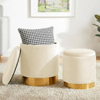 Round Ottoman with Storage Set of 2, Vanity Foot Stool with Storage, Nesting Upholstered Small Ottoman Foot Rest with Gold Plating Base for Room, Bedroom, Dorm, White Velvet Ottomans