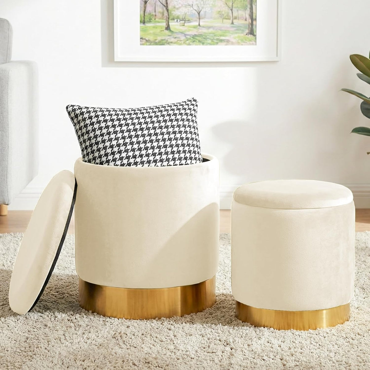 Round Ottoman with Storage Set of 2, Vanity Foot Stool with Storage, Nesting Upholstered Small Ottoman Foot Rest with Gold Plating Base for Room, Bedroom, Dorm, White Velvet Ottomans