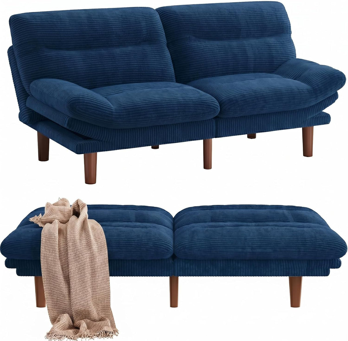 Pipishell Futon Sofa Bed, Modern 66" Futon Couch Convertible to Bed & Lounger, Compact Size, Corduroy Loveseat, Durable Construction - Fits Small Spaces, Apartments,Study Room (Blue, 66 Inch)