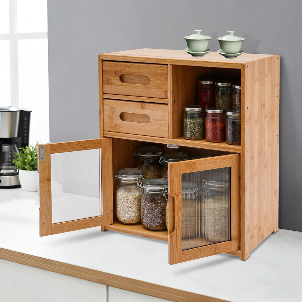 Countertop Bamboo Kitchen Pantry, 16.5*9*18.9in, Freestanding Sideboard with 2 Drawers and Clear Doors, Large Capacity Storage Cabinet for Home Kitchen Dining Living Room, Natural Wood Color