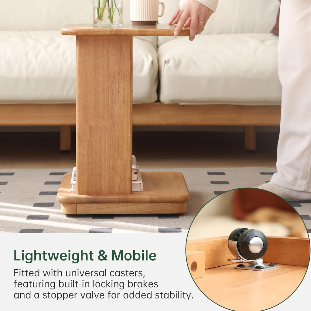 YESWOOD C Shaped End Table, Solid Wood Side Table, Small Rolling Side Table with 4 Lockable Wheels, 2-Tier Wood Bedside Table, End Tables Living Room, Bed Side Tables Bedroom, Home Office(19.69" H)