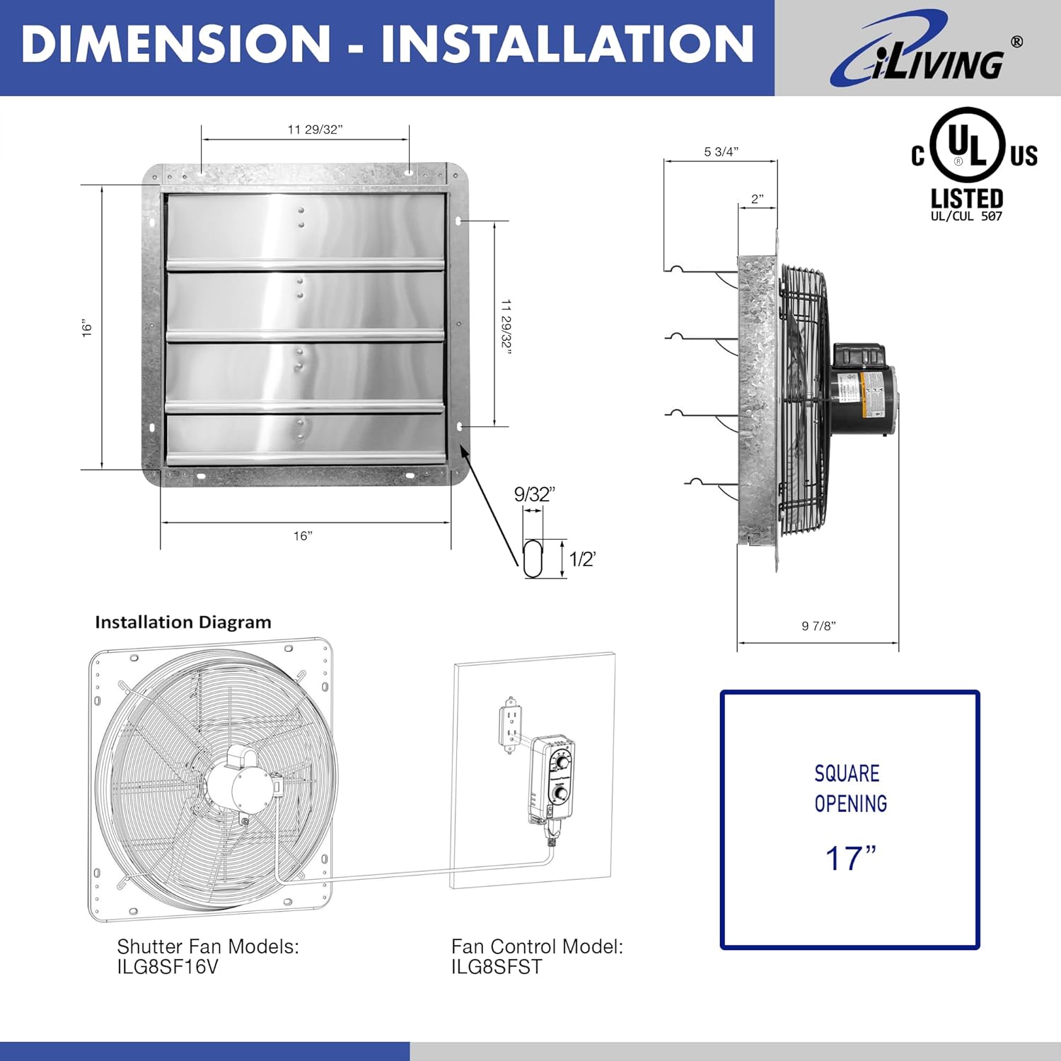 iLIVING 16" Wall Mounted Shutter Exhaust Fan, Automatic Shutter, with Thermostat and Variable Speed controller, 0.85A, 1200 CFM, 1800 SQF Coverage Area Silver (ILG8SF16V-ST)