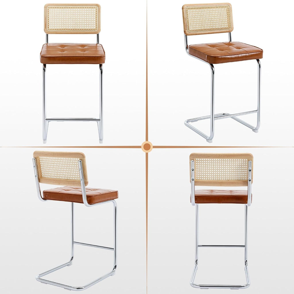 Zesthouse Natural Rattan Counter Stools Set of 2, 26" Modern Boho Barstools | Mid Century Modern Barstool with Cane Mesh & Chrome Base, Vintage Faux Leather Counter Height Chair for Kitchen Island, Brown