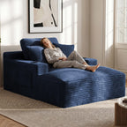 50" x 76" Corduroy Chaise Lounge Sofa Bed with Cup Holders, Blue | Extra-long corduroy chaise with deep sleeper seating, built-in cup holders, and 3 pillows for lounging or overnight rest.