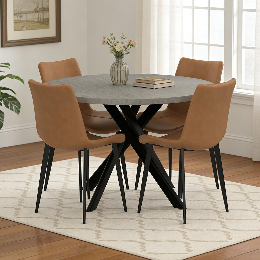 44" Round Dining Table with Chair Set for 4, Modern Mid-Century Dining Table Set of 4, Cozy Dinette Sets with Metal Leg for Kitchen Dining Room Apartment(Gray Table + Brown Chairs) | Cushioned Minimalist Brown Chairs of 4, Mid-Century Grey Tabletop