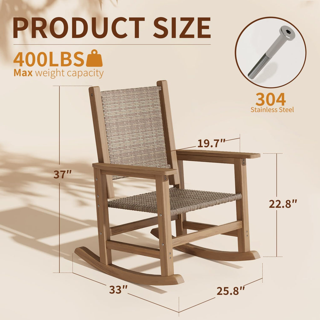 HDPE Outdoor Rocking Chair Set of 2, Wicker Patio Rocking Chair for Adult, All Weather Rocking Chair Outdoor for Porch, Garden, Lawn, and Balcony (Brown)