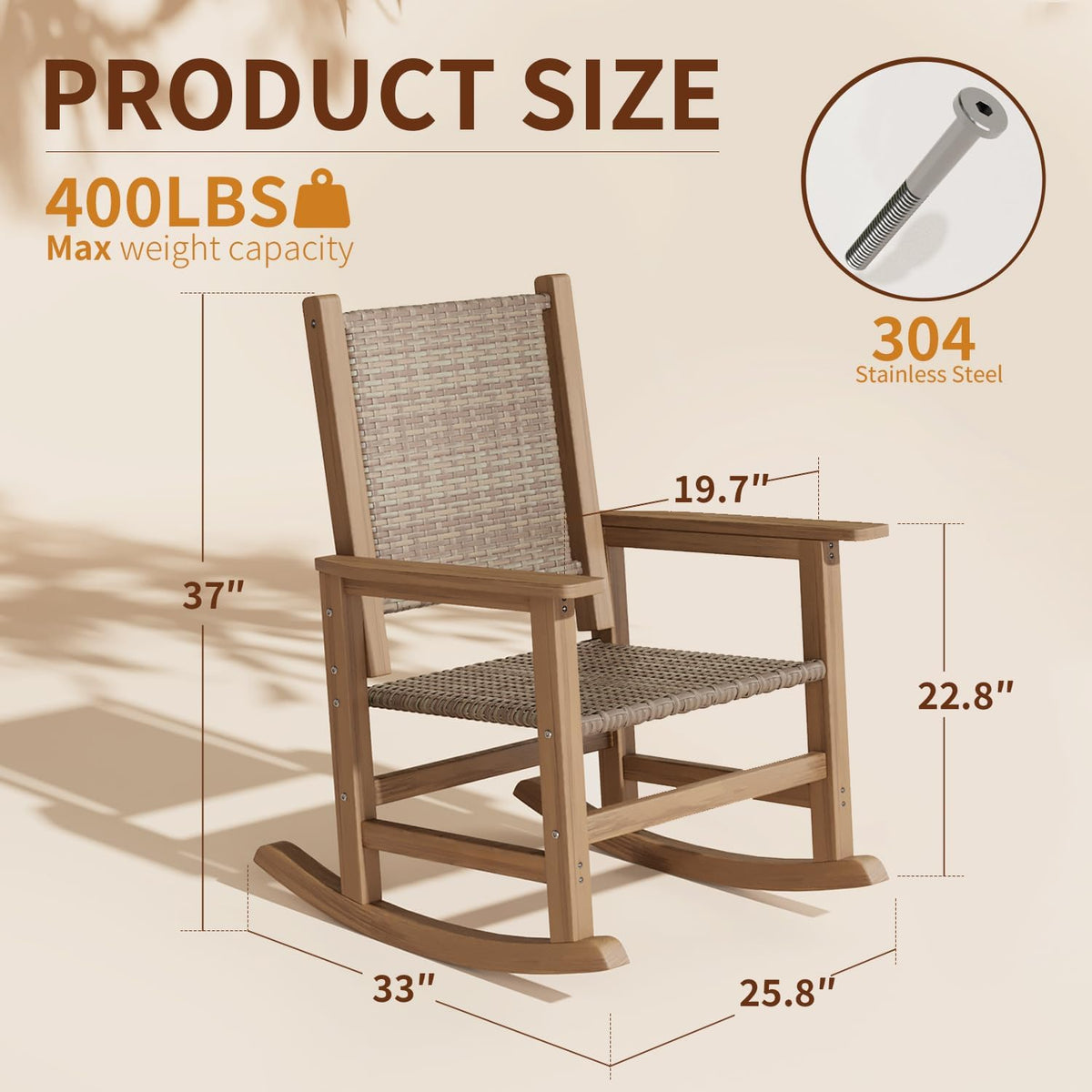 HDPE Outdoor Rocking Chair Set of 2, Wicker Patio Rocking Chair for Adult, All Weather Rocking Chair Outdoor for Porch, Garden, Lawn, and Balcony (Brown)