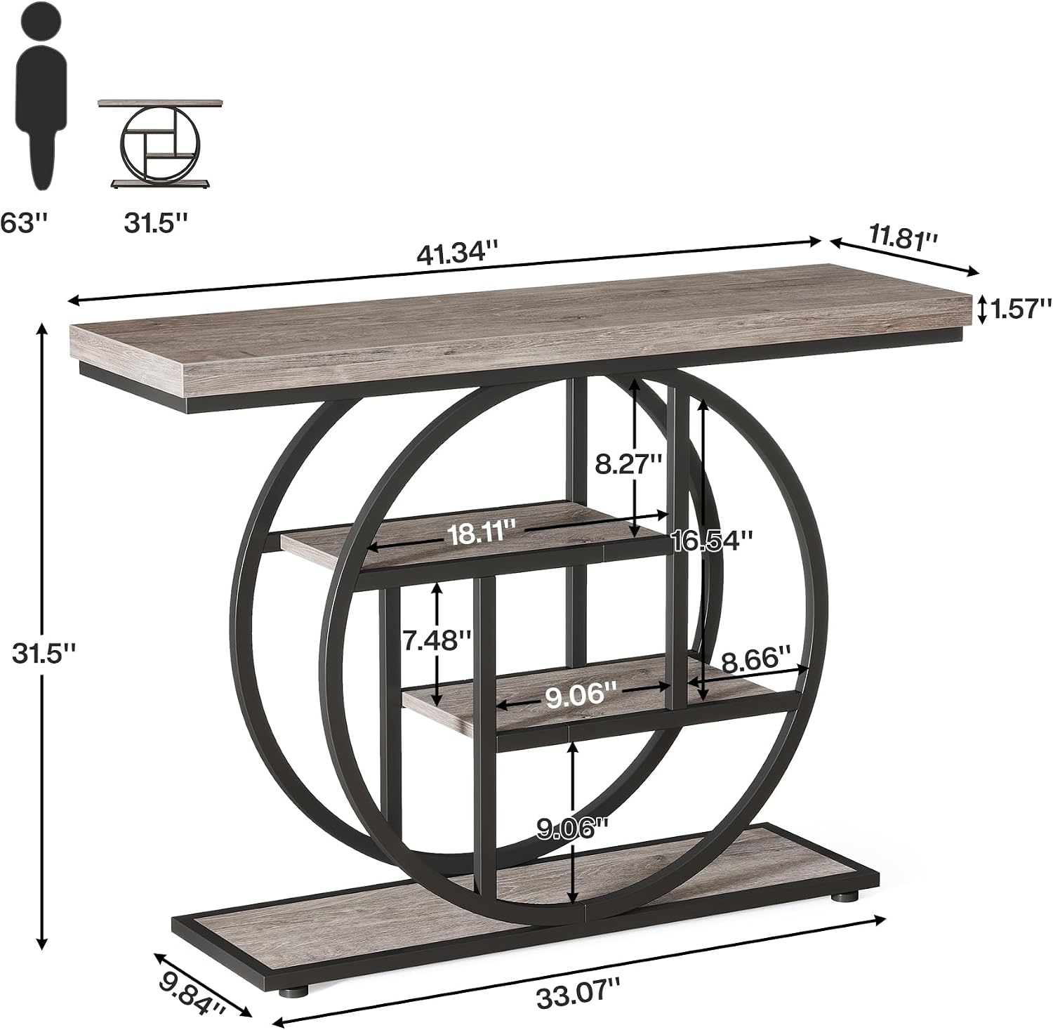 Tribesigns 41.3" Console Table, Industrial 4-Tier Sofa Table Entryway Table with Circle Base, Narrow Wood Accent Tables with Storage Shelves for Living Room, Hallway, Foyer, Gray | Industrial